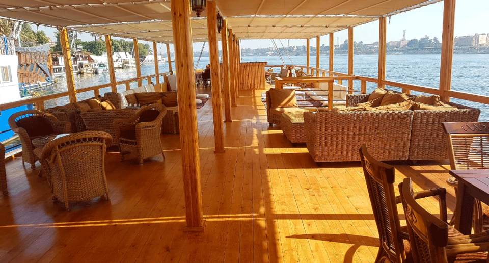 Nile River dahabiya covered sundeck and sitting area