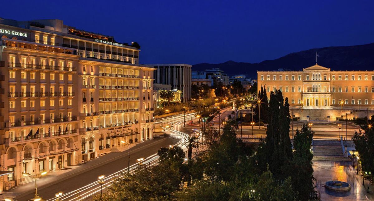 King George Athens exterior at night