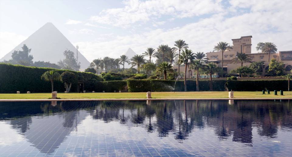 Marriott Mena House aerial view of property with pyramid in background