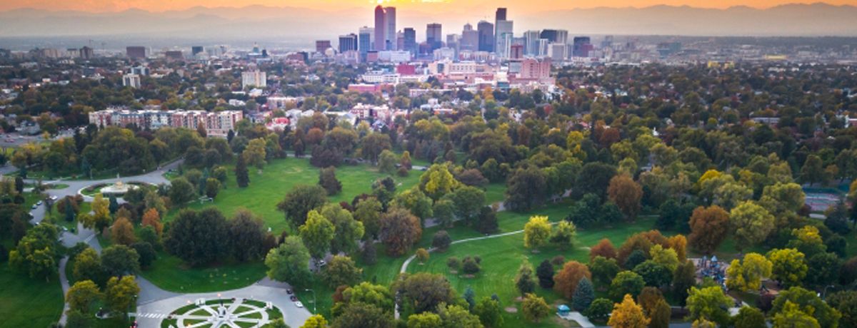 Panoramic skyline of Denver during sunrise