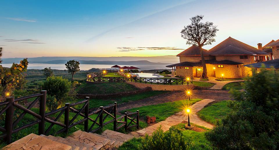 Lake Nakuru Sopa Lodge illuminated at dusk