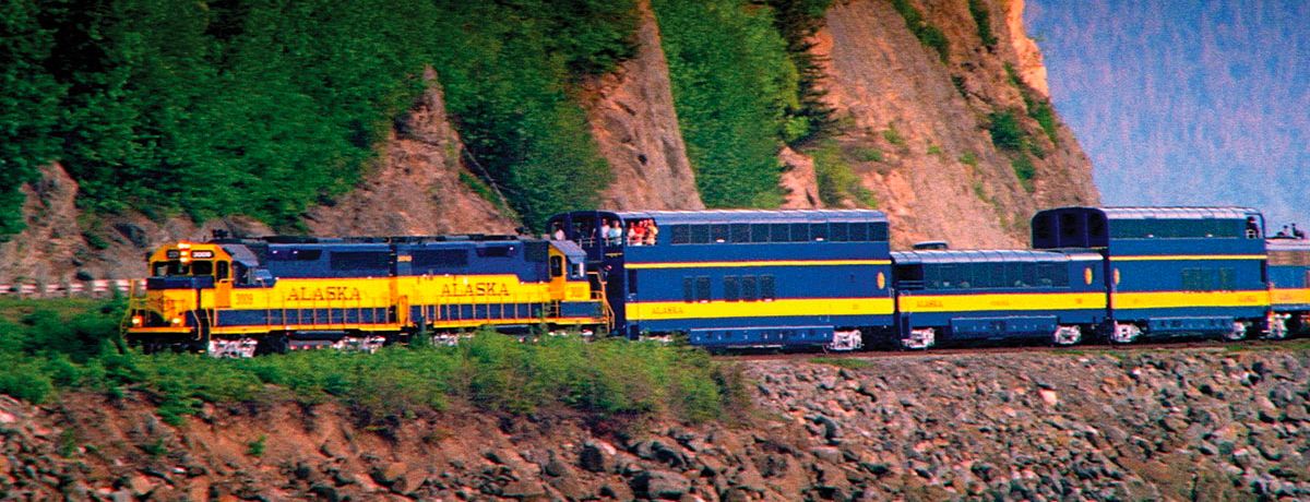 Coastal view of Alaska Railroad Gold Star train