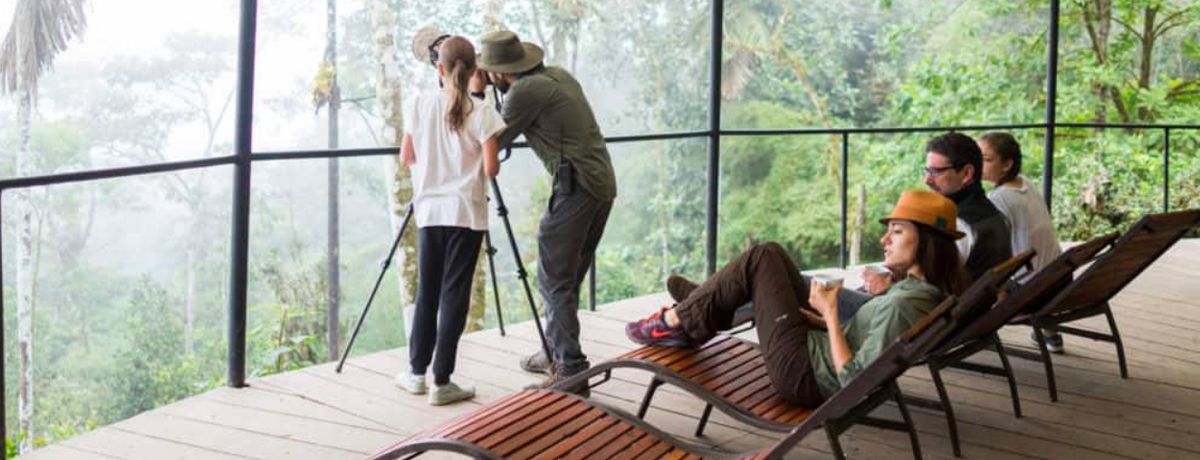 Guests at the life center viewing the forest through telescope