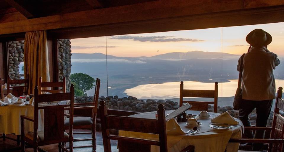 Ngorongoro Serena Safari Lodge dining room with panoramic windows