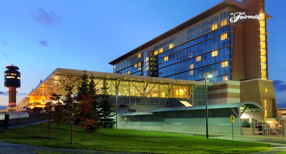 Fairmont Airport Hotel Vancouver exterior illuminated at night