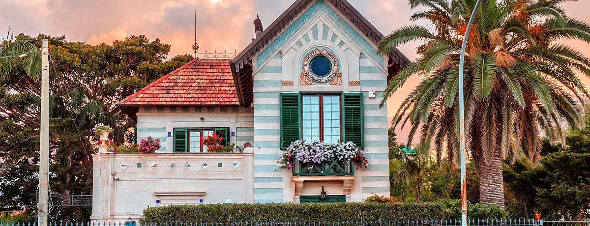 Art nouveau style building from the early 20th century at sunset in Palermo