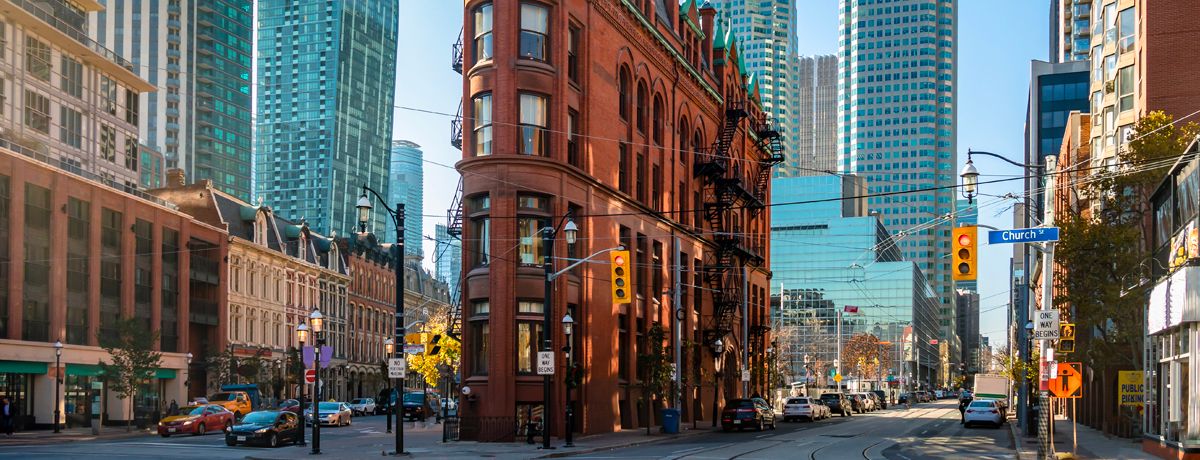 Flatiron building and surrounding skyscrapers in downtown Toronto